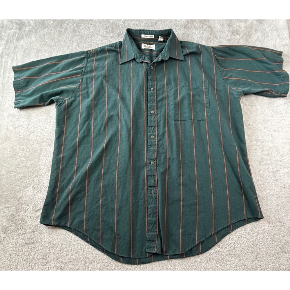 Impact Button Down Shirt Mens 2XL Green Striped Short Sleeve Single Tailor